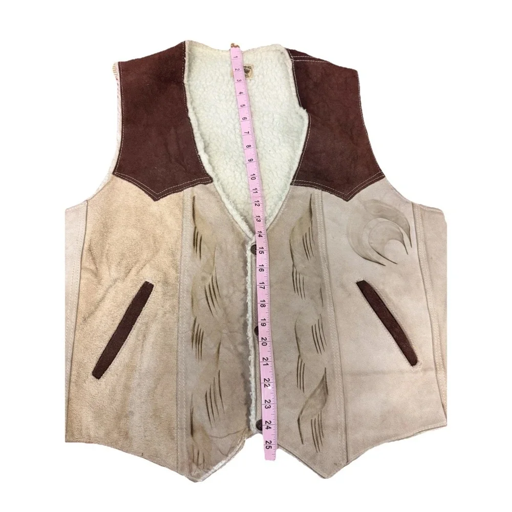 Vintage Rancho Suede Leather Vest Sherpa Lined Western Sz 44 Novelty Horse Print